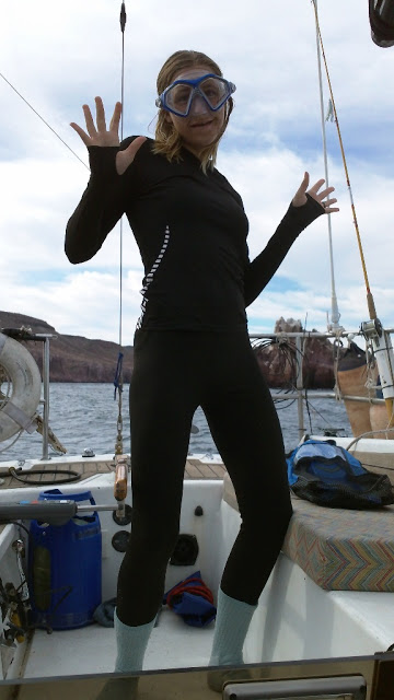 Harmony showcasing her Northwest Wetsuit, right before jumping in to swim with the sea lions off Caleta Partida. My Dad offered us spare wetsuits before we left Oregon, but we declined reasoning that it's Mexico, afterall, and the ocean would feel like bath water. We are some idiots.